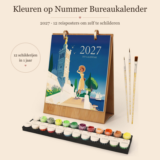 Schilderen op nummer kalender 2027 met verfpotjes en penselen – Reisposters bureaukalender 2027