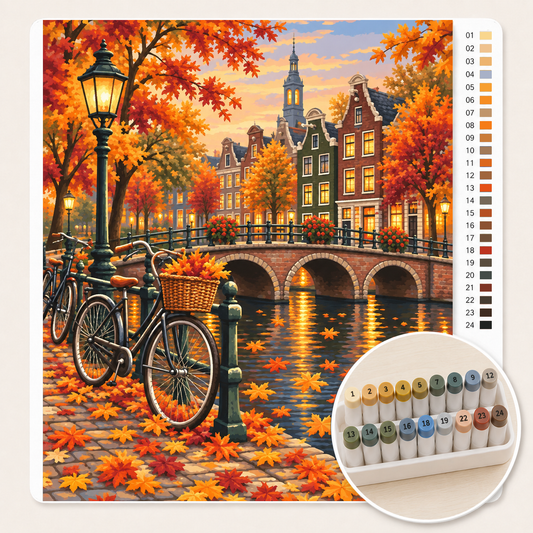 Amsterdamse Gracht met Herfstbomen en Fietsen – Kleuren op Nummer canvas met stiftenset