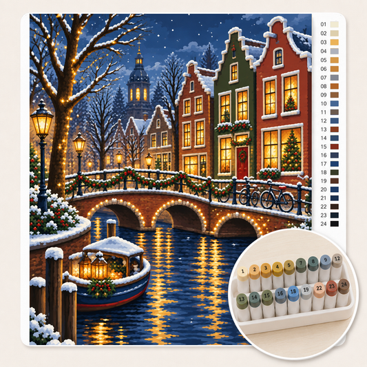 Amsterdamse Grachten met Kerstlichtjes – Kleuren op Nummer canvas met stiftenset