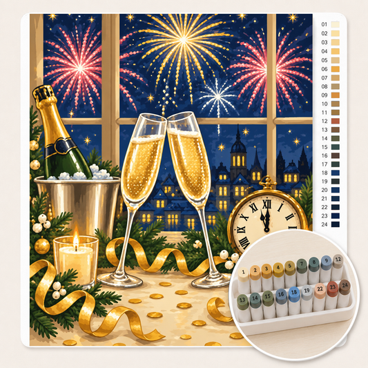 Champagnetoost om Middernacht – Kleuren op Nummer canvas met stiftenset