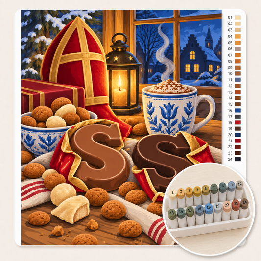 Chocoladeletters en Pepernoten op Tafel – Kleuren op Nummer canvas met stiftenset