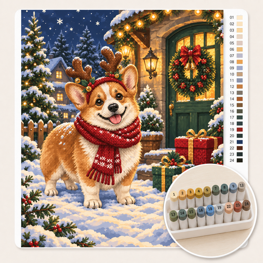 Corgi met Rendiergewei – Kleuren op Nummer canvas met stiftenset
