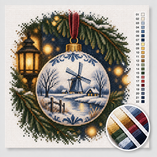Kerst kruissteek pakket — Delfts blauwe kerstbal met molen aan een dennentak in warm lamplicht