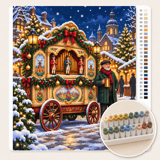 Draaiorgel op de Kerstmarkt – Kleuren op Nummer canvas met stiftenset