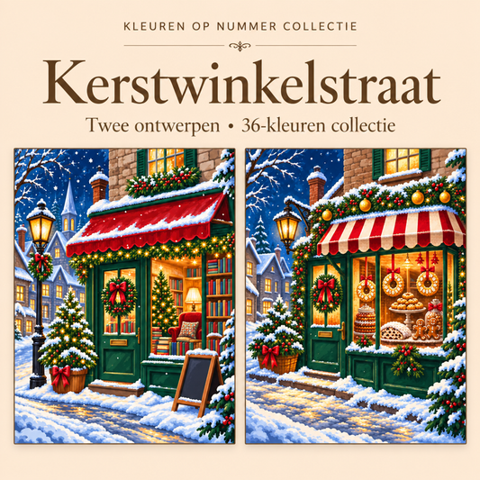 Kerstwinkelstraat – Kleuren op Nummer Set met twee ontwerpen