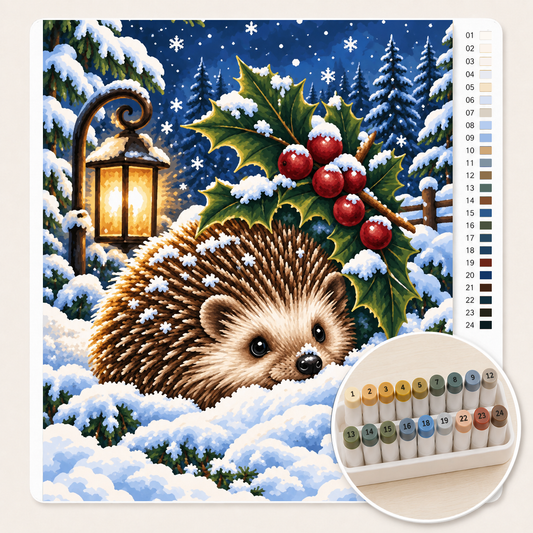 Egeltje onder de Hulst – Kleuren op Nummer canvas met stiftenset
