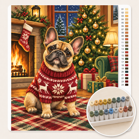Franse Bulldog in Kersttrui – Kleuren op Nummer canvas met stiftenset