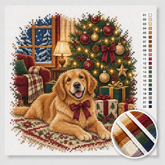 Kerst kruissteek pakket — golden retriever met strikje naast versierde kerstboom met cadeautjes