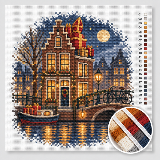 Sinterklaas kruissteek pakket — grachtenpand met pakjes op het dak bij avond aan de gracht