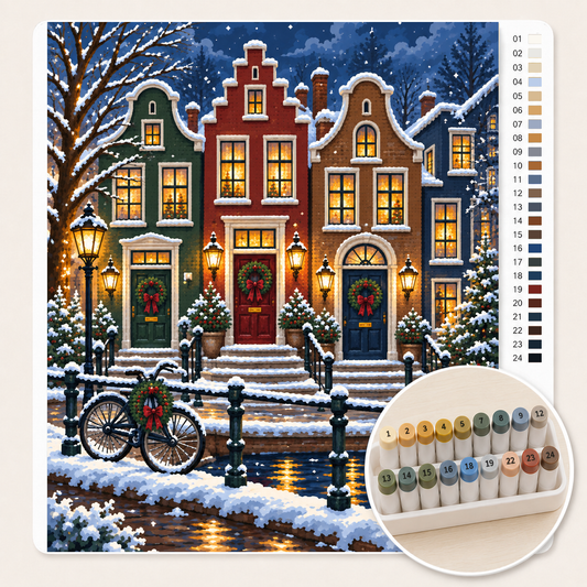 Grachtenpanden met Kerstkransen op de Deuren – Kleuren op Nummer canvas met stiftenset