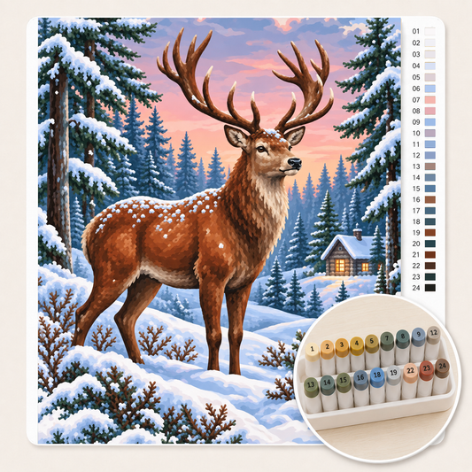 Hert in het Besneeuwde Bos – Kleuren op Nummer canvas met stiftenset