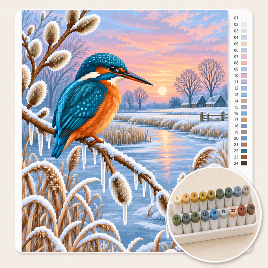 IJsvogel op een Bevroren Tak – Kleuren op Nummer canvas met stiftenset