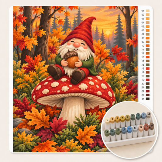 Kabouter op een Paddenstoel – Kleuren op Nummer canvas met stiftenset