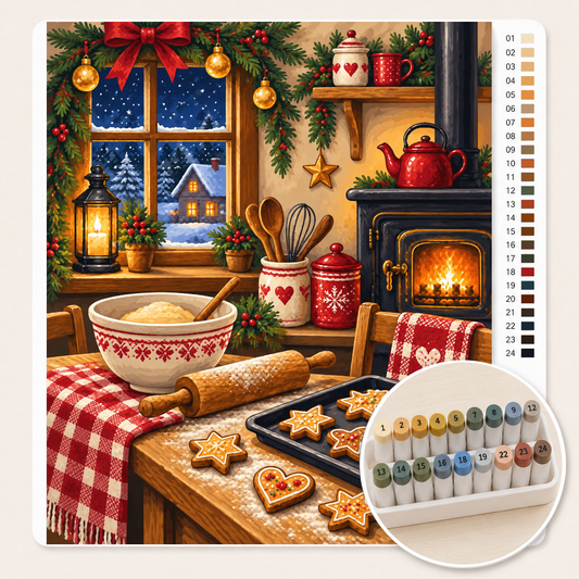 Kerstbakken in de Cottagekeuken – Kleuren op Nummer canvas met stiftenset