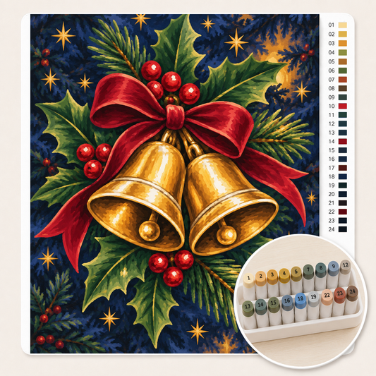 Kerstklokken met Hulst – Kleuren op Nummer canvas met stiftenset