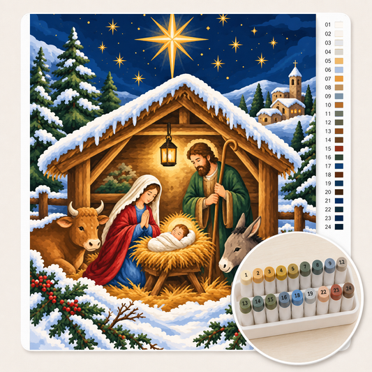Kerststal onder de Sterrenhemel – Kleuren op Nummer canvas met stiftenset