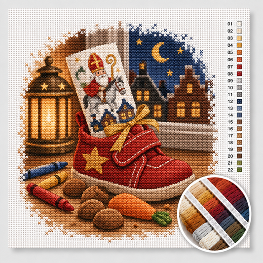 Sinterklaas kruissteek pakket — rood kinderschoentje met opgerolde tekening voor Sint