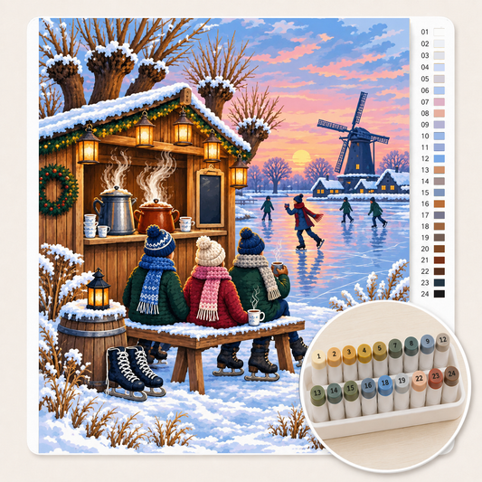 Koek-en-Zopie aan het IJs – Kleuren op Nummer canvas met stiftenset