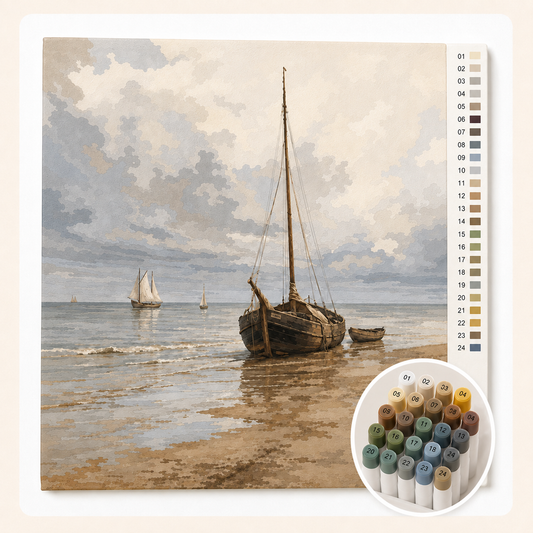 Kalm zeegezicht naar Hendrik Willem Mesdag als Kleuren op Nummer — canvas met genummerde vlakken en stiftenset