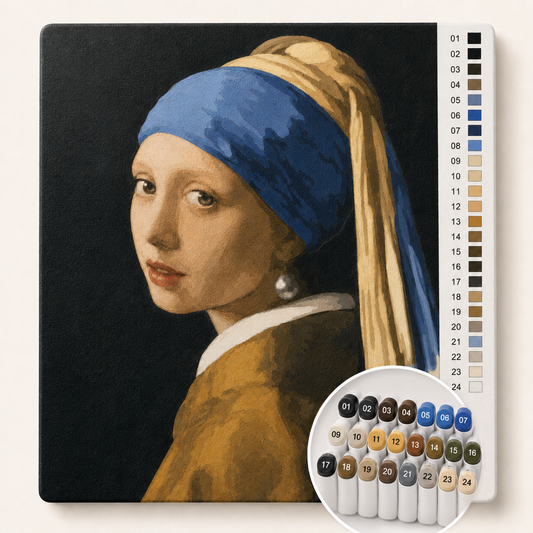 Meisje met de Parel van Johannes Vermeer als Kleuren op Nummer — canvas met genummerde vlakken en stiftenset
