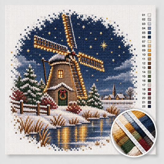 Kerst kruissteek pakket — Hollandse molen met kerstverlichting in een besneeuwde polder