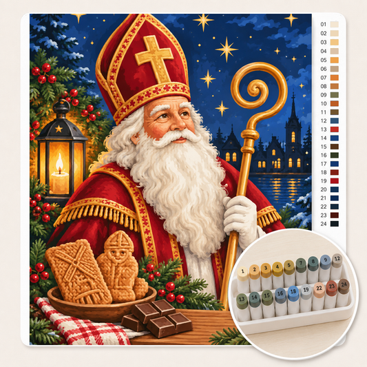 Portret van Sinterklaas met Gouden Staf – Kleuren op Nummer canvas met stiftenset
