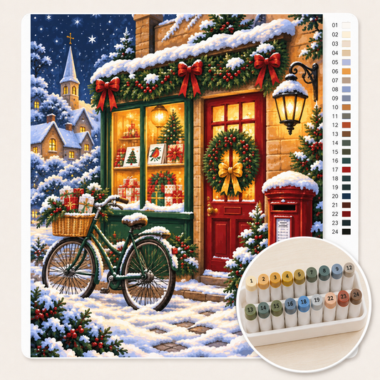 Postkantoor met Kerstkaarten – Kleuren op Nummer canvas met stiftenset