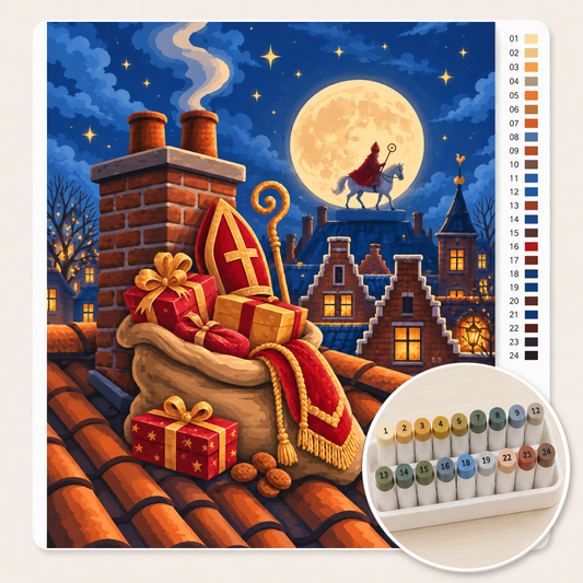 Schoorsteen met een Zak vol Pakjes bij Volle Maan – Kleuren op Nummer canvas met stiftenset