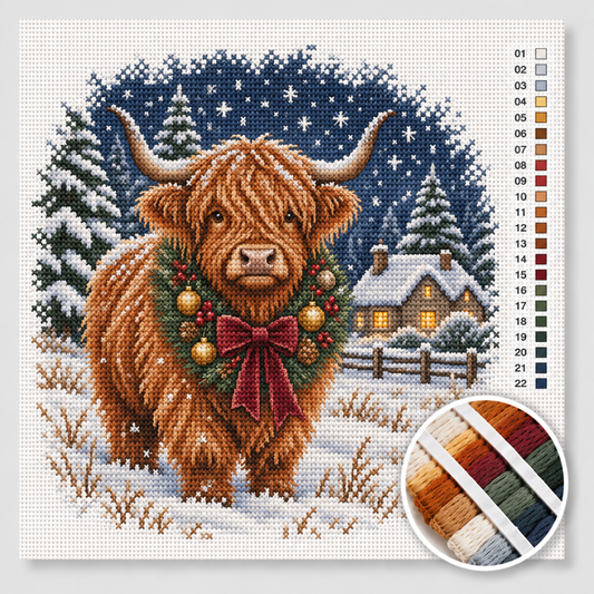 Kerst kruissteek pakket — Schotse Hooglander met kerstkrans in de sneeuw bij een verlichte boerderij