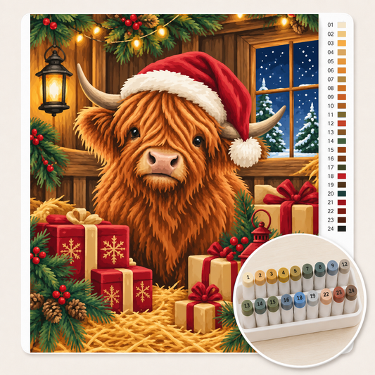 Schotse Hooglander met Kerstmuts en Cadeaus – Kleuren op Nummer canvas met stiftenset