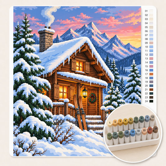 Ski-chalet in de Alpen – Kleuren op Nummer canvas met stiftenset