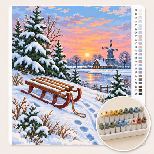 Slee op een Besneeuwde Heuvel – Kleuren op Nummer canvas met stiftenset