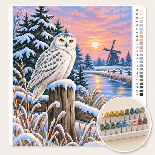 Sneeuwuil bij Maanlicht – Kleuren op Nummer canvas met stiftenset