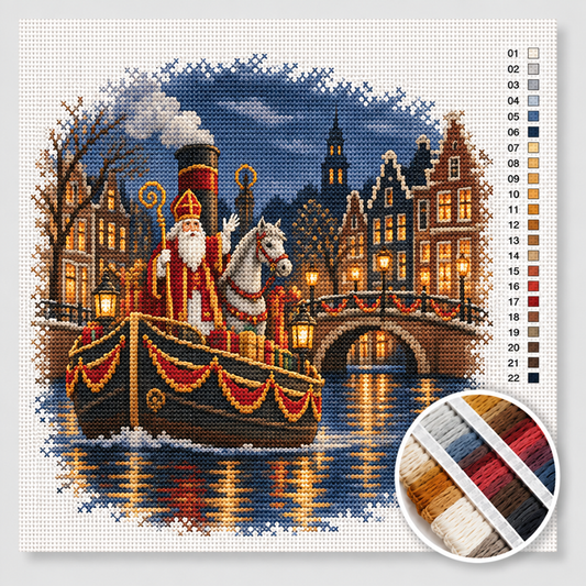 Sinterklaas kruissteek pakket — stoomboot met vlaggetjes vaart een Amsterdamse gracht in bij avondlicht