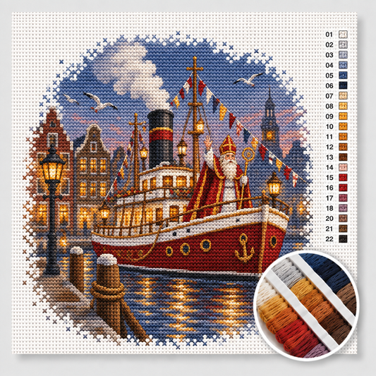 Sinterklaas kruissteek pakket — rood-witte stoomboot met vlaggetjes in een avondlijke haven