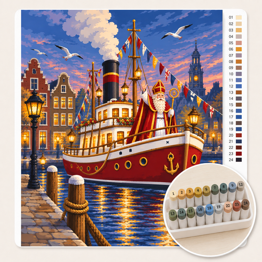 Stoomboot van Sinterklaas in de Haven – Kleuren op Nummer canvas met stiftenset