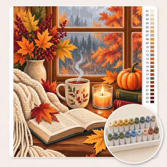 Vensterbank met Thee, Kaars en Herfstbladeren – Kleuren op Nummer canvas met stiftenset