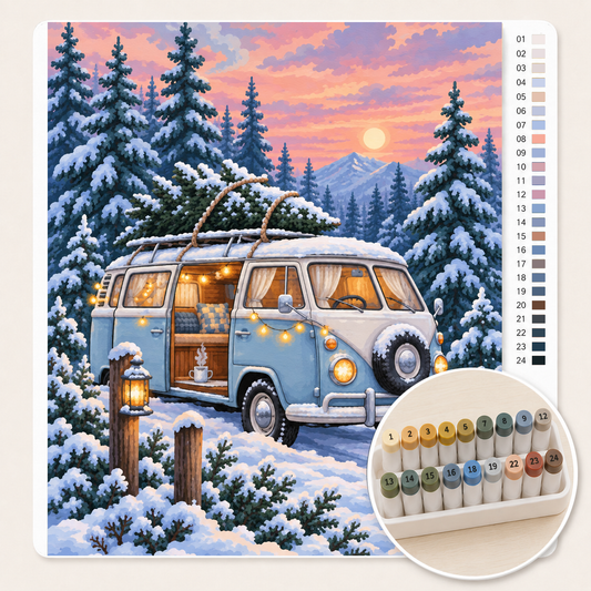 Vintage Kampeerbus in een Winterbos – Kleuren op Nummer canvas met stiftenset