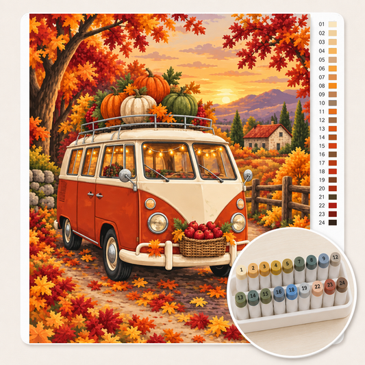 Vintage Kampeerbus vol Pompoenen – Kleuren op Nummer canvas met stiftenset