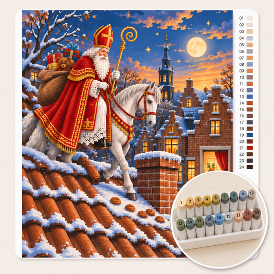 Vintage Prent: Sint op het Dak – Kleuren op Nummer canvas met stiftenset