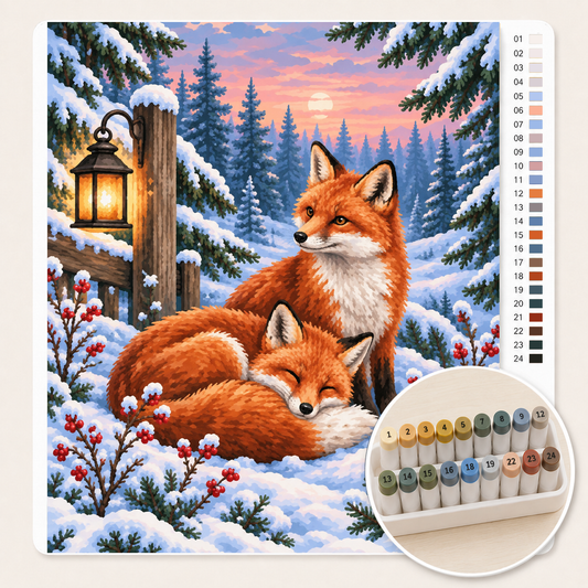Vossen in de Sneeuw – Kleuren op Nummer canvas met stiftenset