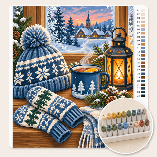 Wanten, Muts en Warme Thee – Kleuren op Nummer canvas met stiftenset