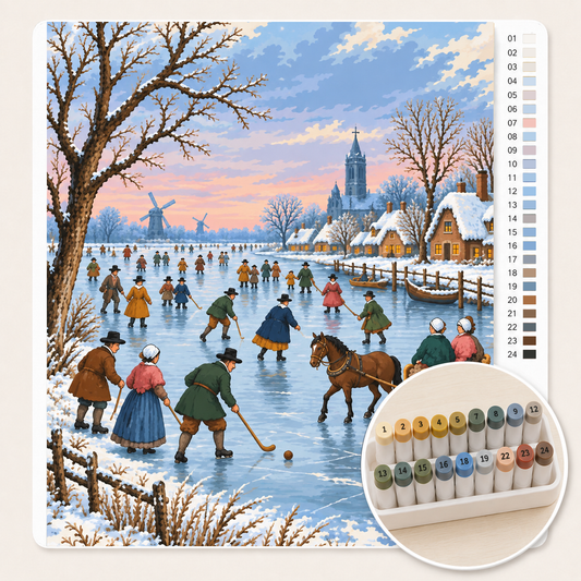 Winterlandschap met Schaatsers – Kleuren op Nummer canvas met stiftenset