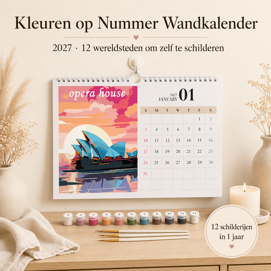 Schilderen op nummer kalender 2027 met verfpotjes en penselen – Wereldsteden wandkalender 2027