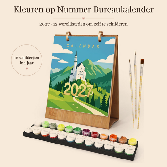 Schilderen op nummer kalender 2027 met verfpotjes en penselen – Wereldsteden bureaukalender 2027
