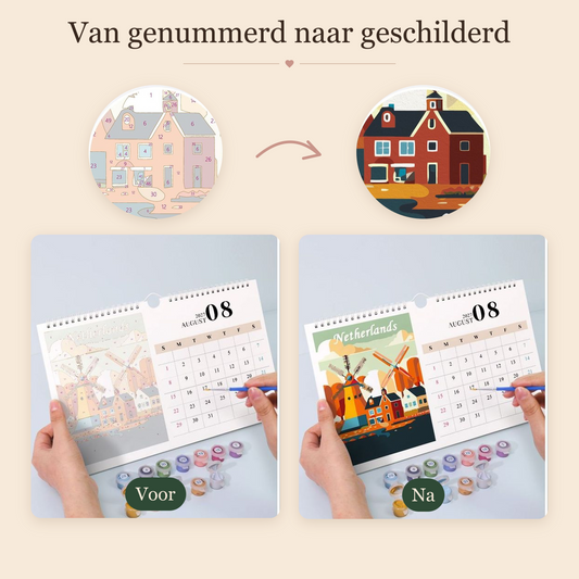 Voor en na: genummerd schilderij en het geschilderde resultaat – Wereldsteden wandkalender 2027