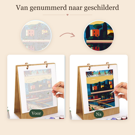 Voor en na: genummerd schilderij en het geschilderde resultaat – Reisposters bureaukalender 2027