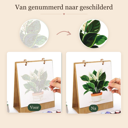 Voor en na: genummerd schilderij en het geschilderde resultaat – Kamerplanten bureaukalender 2027