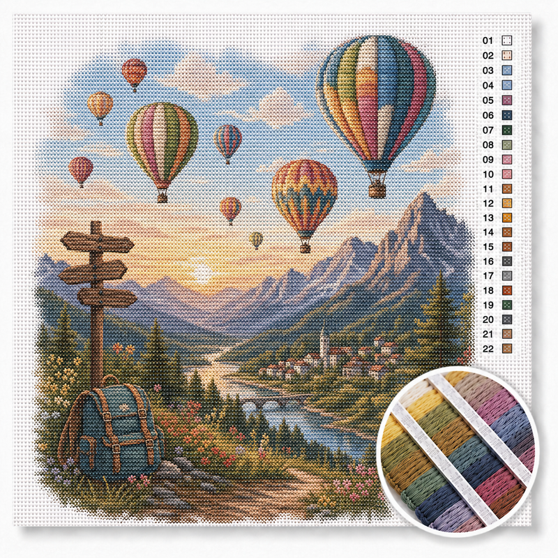 Hot Air Balloons Above the Mountains — Cross Stitch Kit