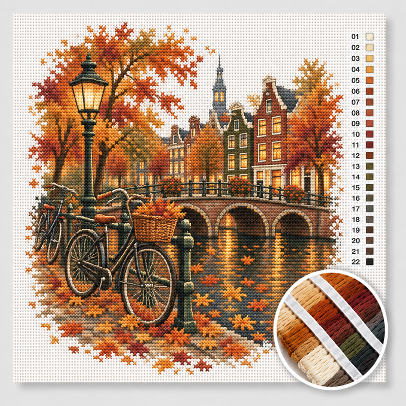 Amsterdam Canal with Autumn Trees and Bicycles — Cross Stitch Kit